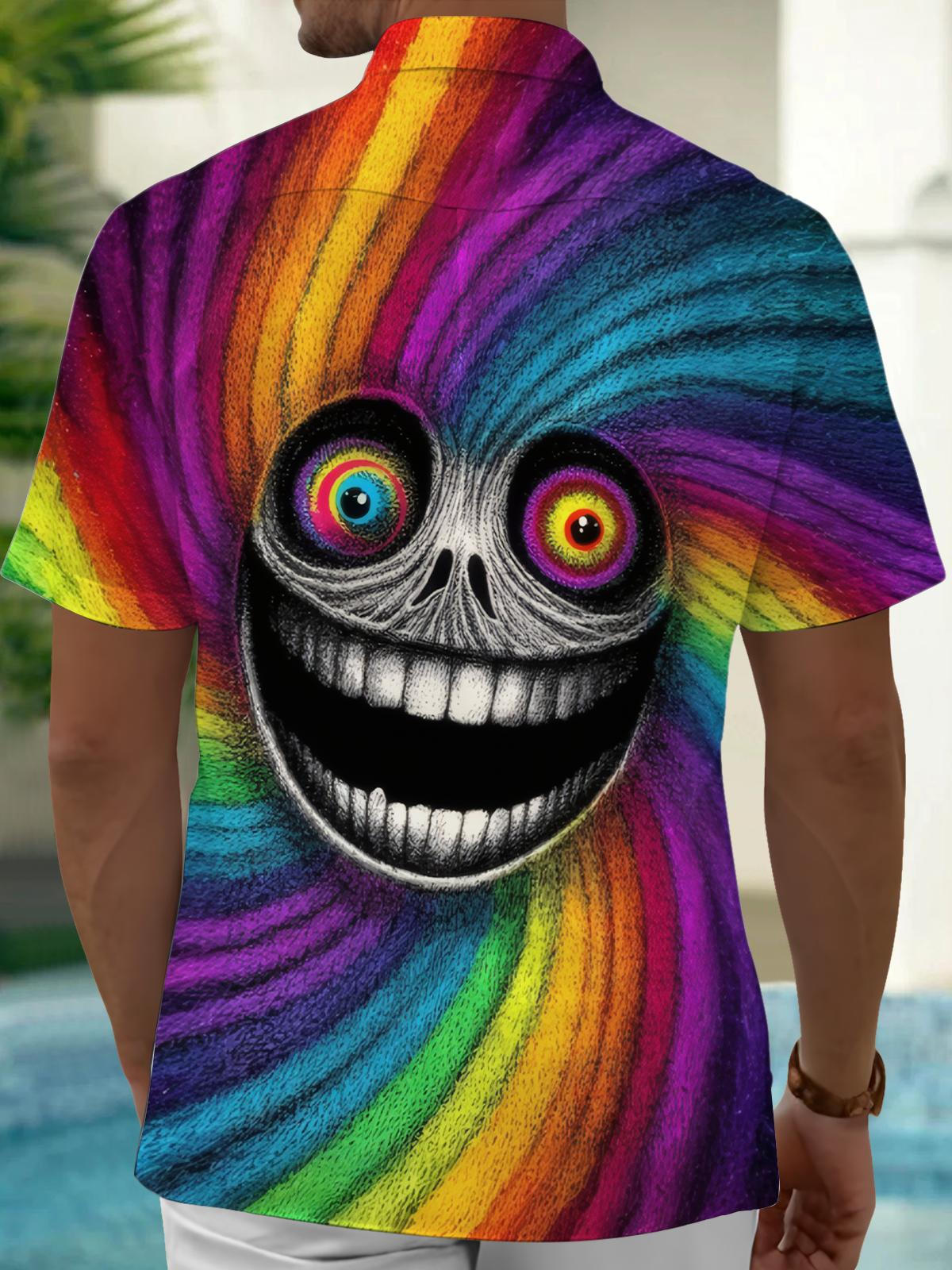 Funny Skull Print Men's Pocket Short Sleeve Shirts