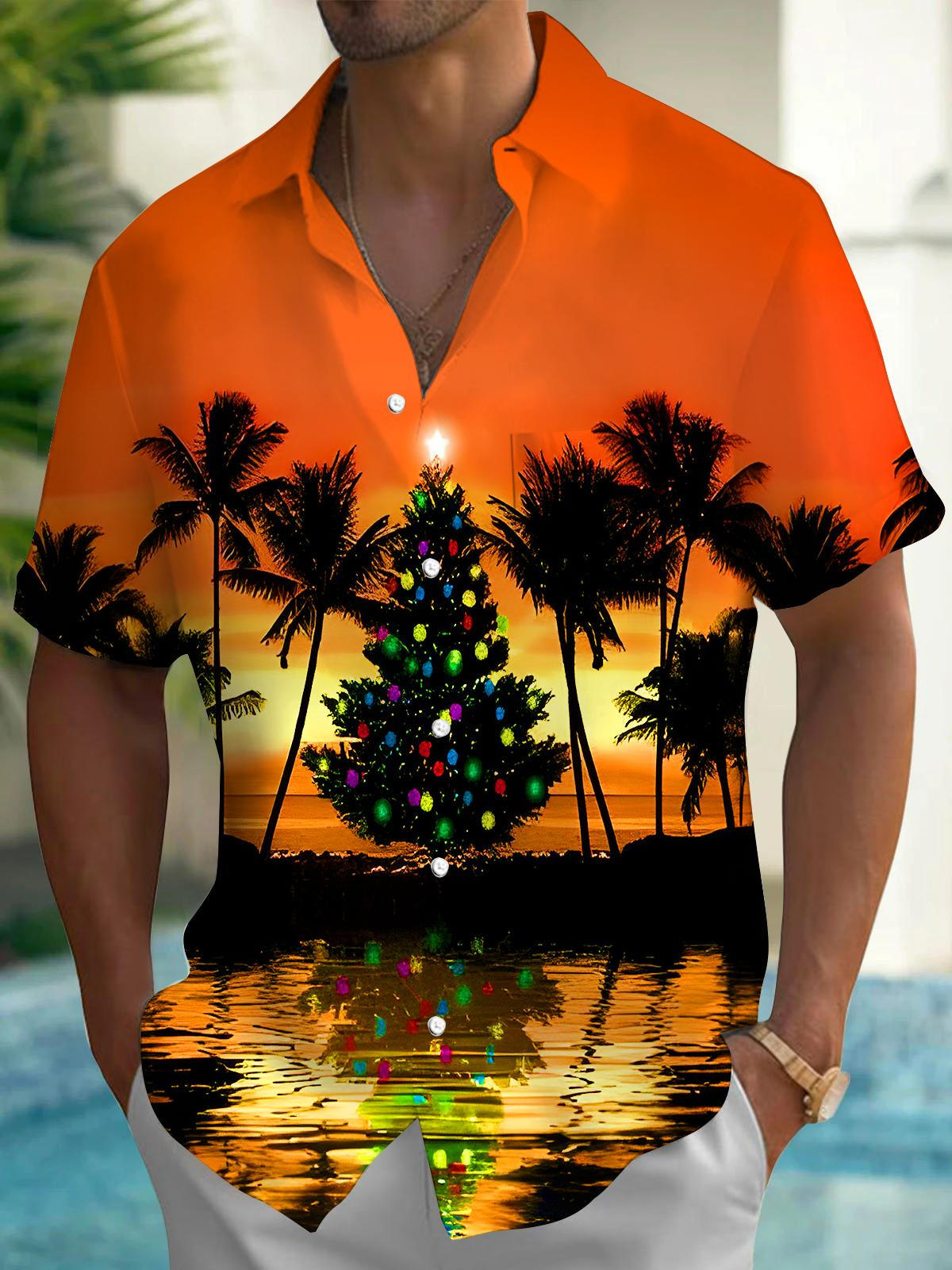 Sunset Coconut Tree Christmas Tree Xmas Men's Pocket Short Sleeve Shirts