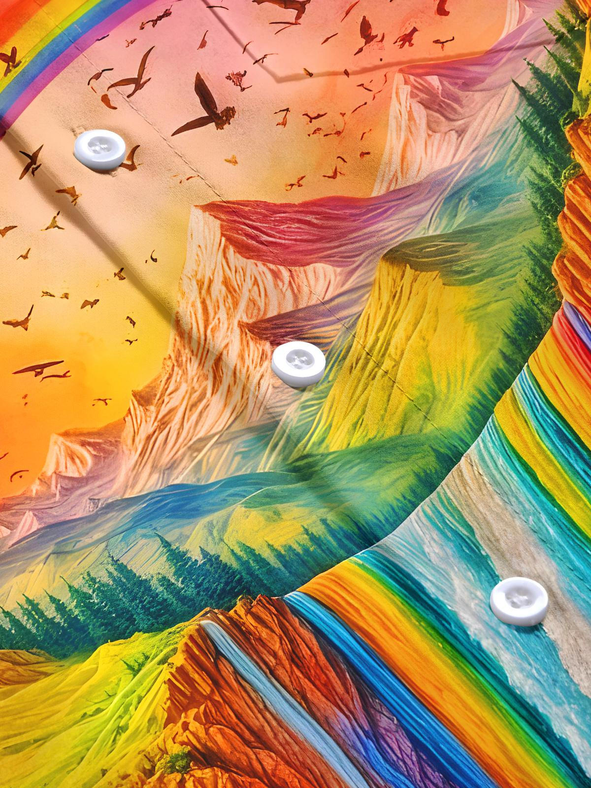 Rainbow Mountain Waterfall Birds Men's Pocket Long Sleeve Shirts