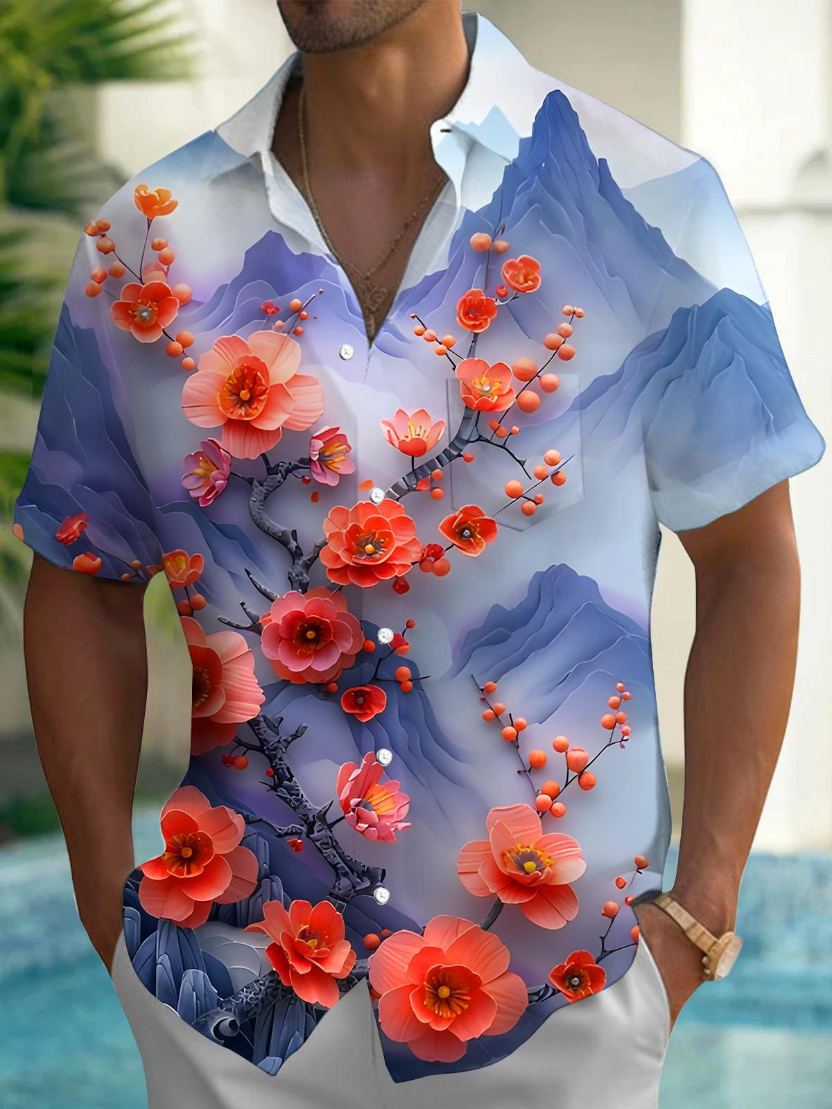 Floral Landscapes Men's Pocket Short Sleeve Shirts