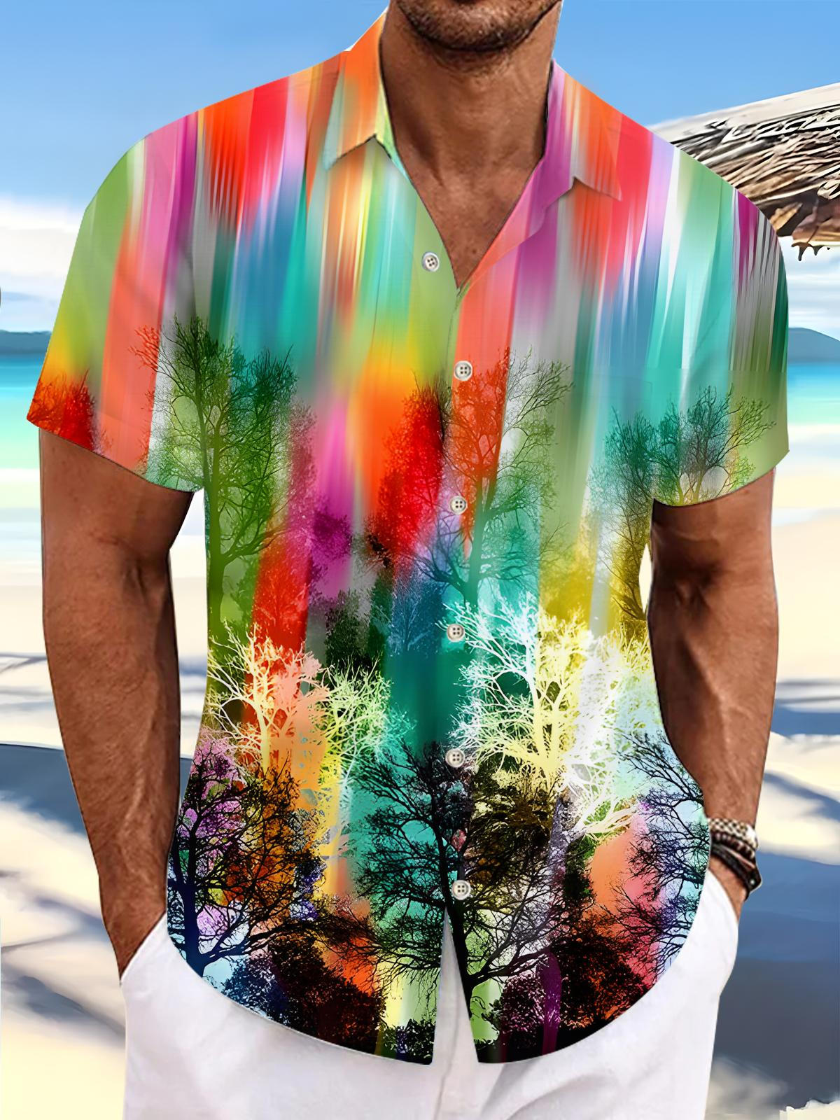Forest Rainbow Print Men's Pocket Short Sleeve Shirts