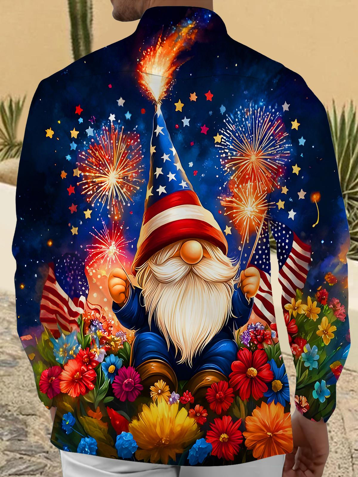 Fun Stars Flags Dwarf Setting Off Fireworks Men's Pocket Long Sleeve Shirts