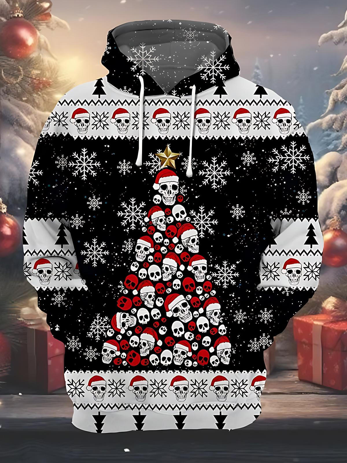 Christmas Skull Snowflake Print Men's Long Sleeve Pocket Hoodies