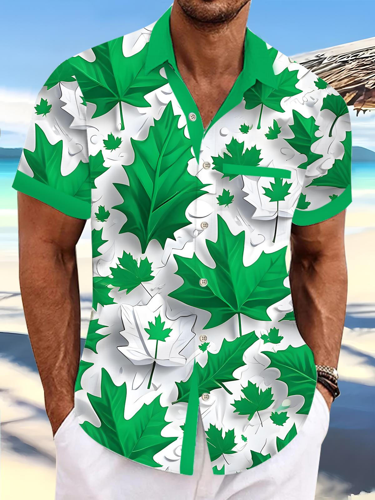 Leaf Print Men's Pocket Short Sleeve Shirts
