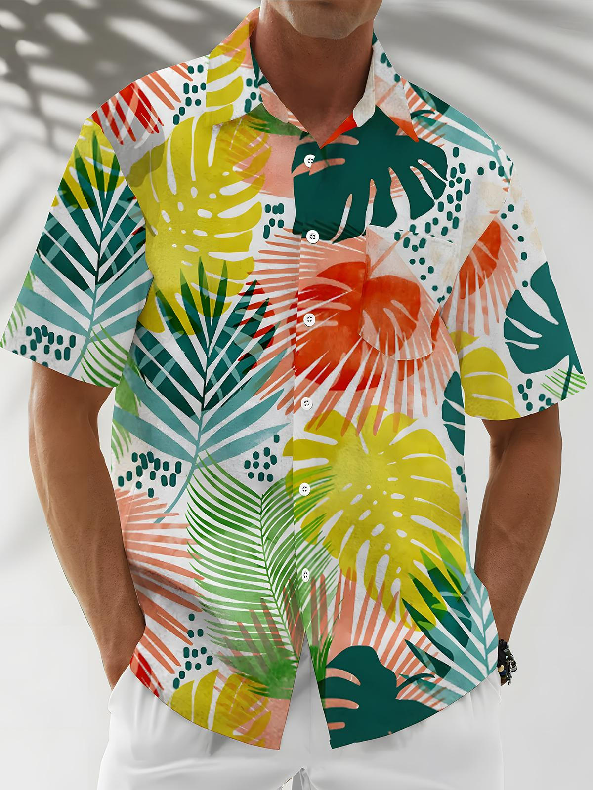 Hawaiian Leaf Print Men's Pocket Short Sleeve Shirts