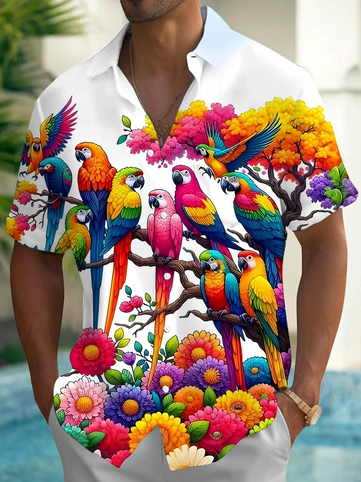 Parrot Floral Men's Pocket Short Sleeve Shirts