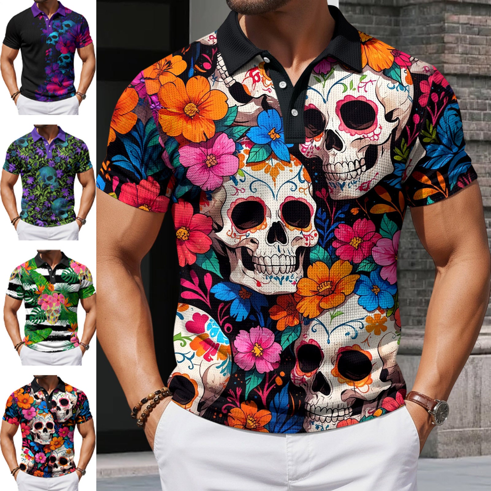 Skull Collared Tee Shirt for Men Waffle Floral Summer Short Sleeve Fashion Button Graphic Tee Shirt for Beach consistent