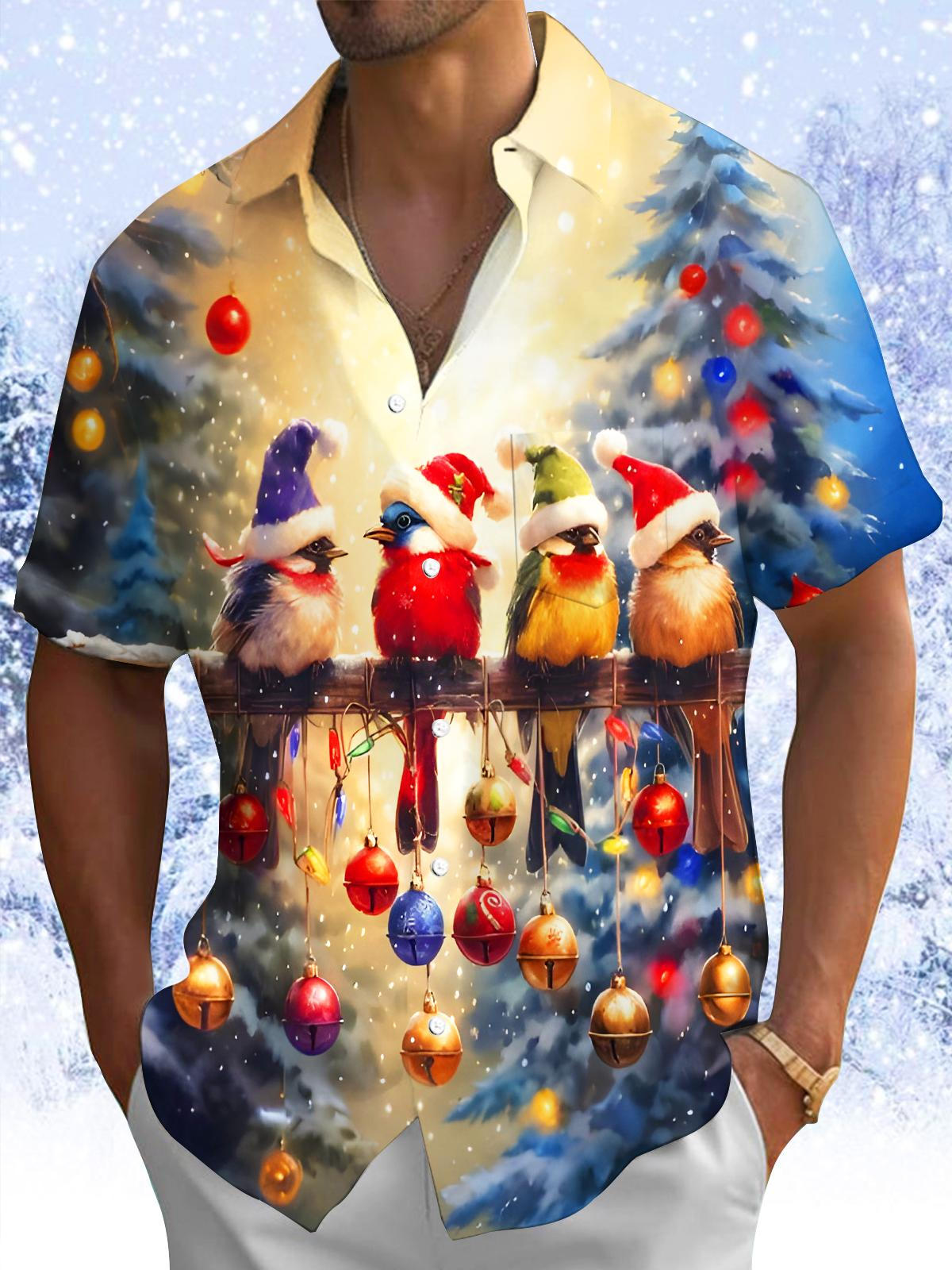 Fun Christmas Bird Lights Xmas Men's Pocket Short Sleeve Shirts
