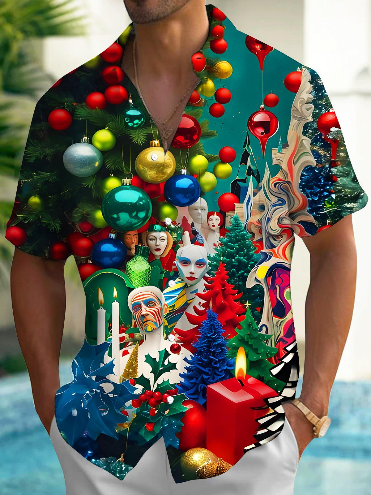 Fun Art Christmas Lights Faces Xmas Men's Pocket Short Sleeve Shirts