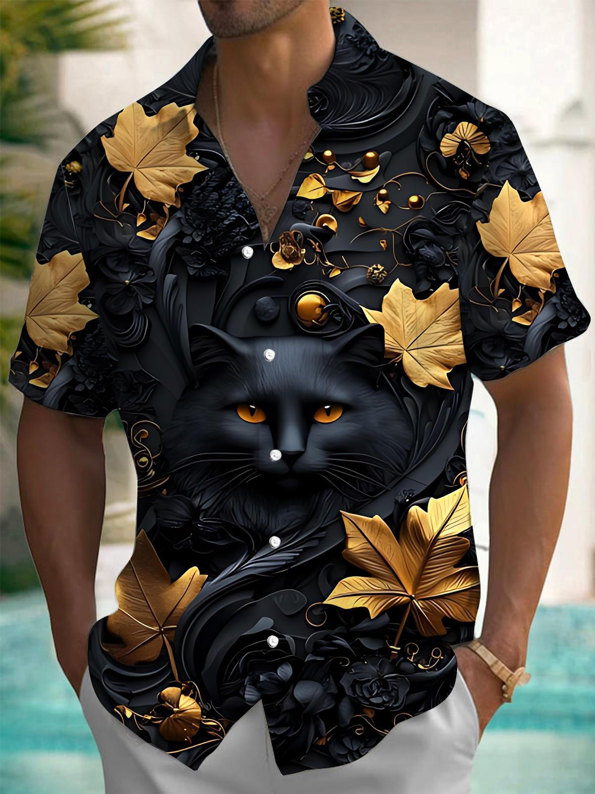 Black Cat Maple Leaf Print Men's Pocket Short Sleeve Shirts