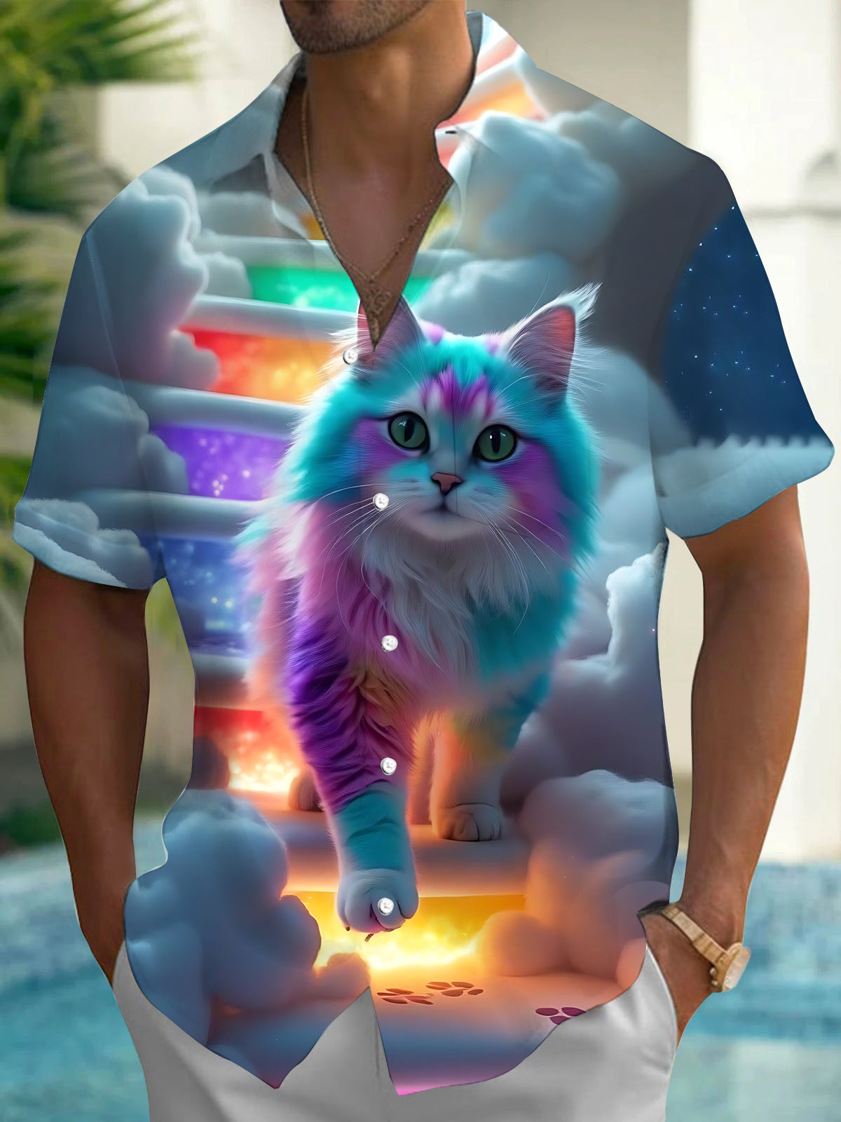 Cat Print Men's Pocket Short Sleeve Shirts