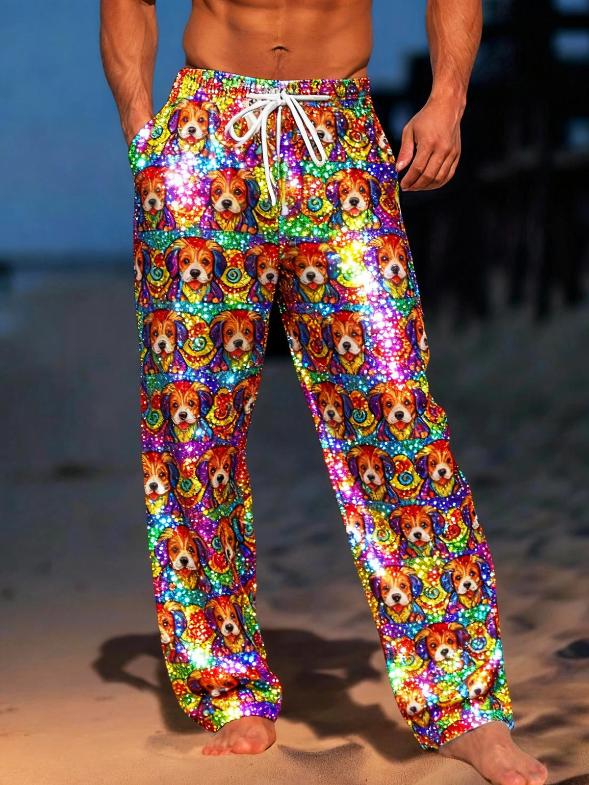 Funny Colorful Sparkly Puppy Men's Casual Elastic Waist Pants