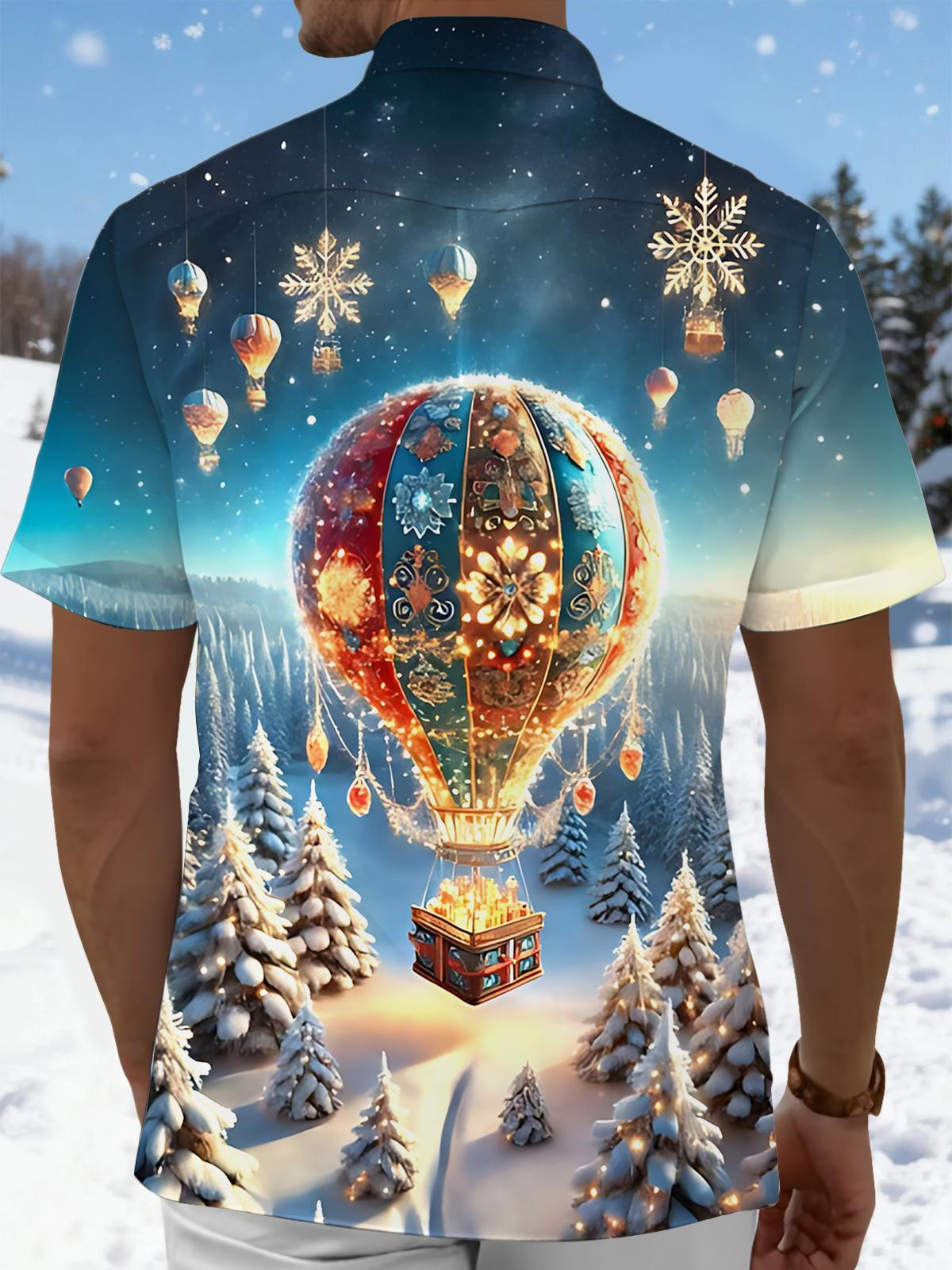 Winter Snow Scene Hot Air Balloon Print Men's Pocket Short Sleeve Shirts