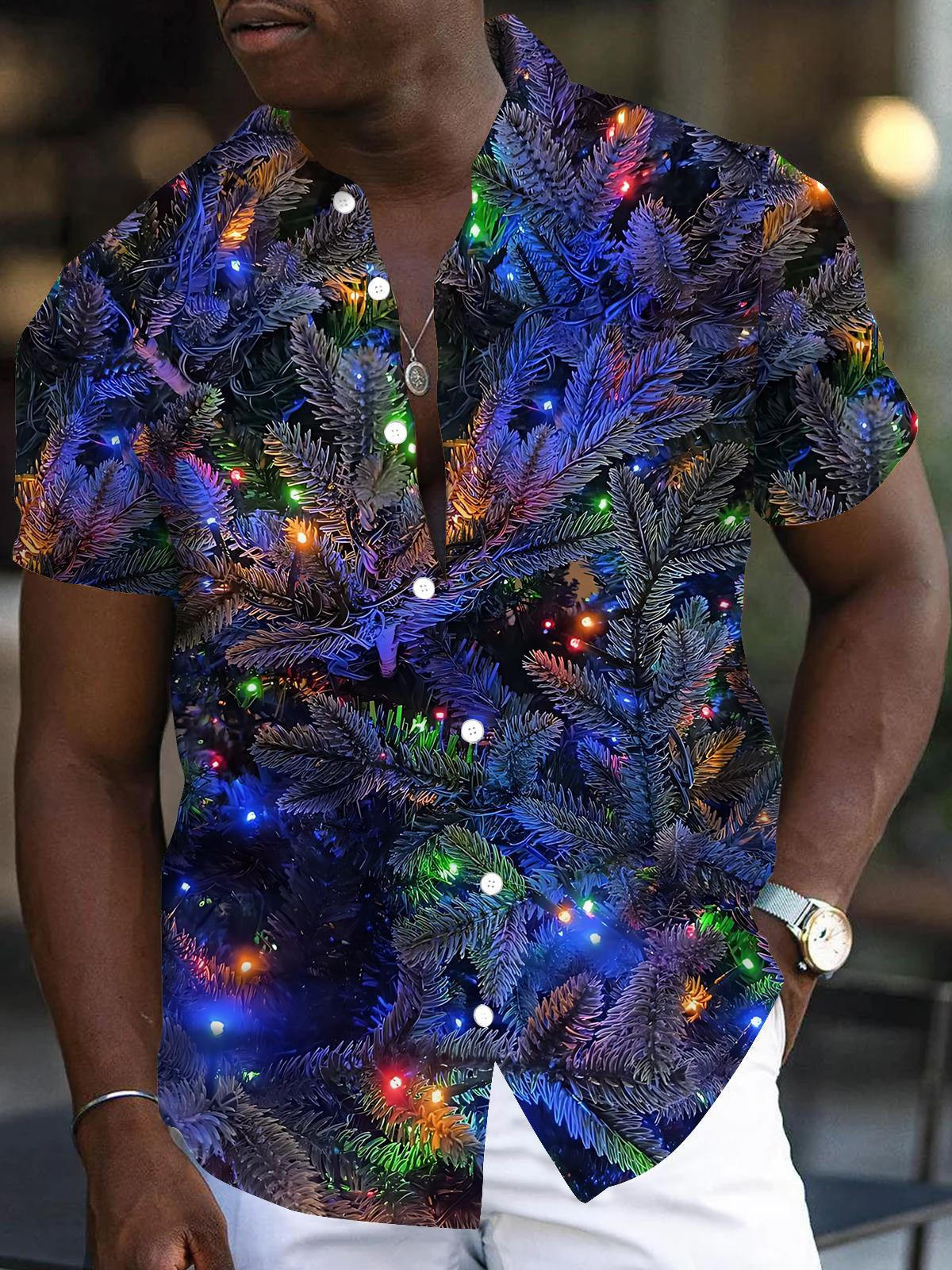 Christmas Tree Lights Print Men's Pocket Short Sleeve Shirts