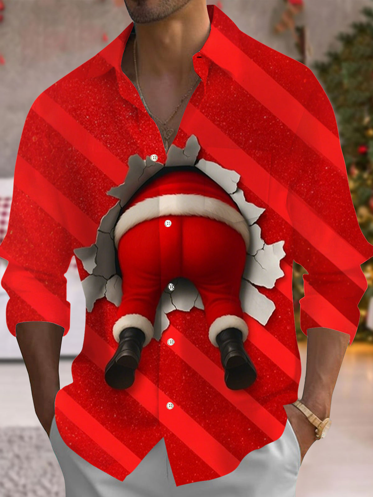 Christmas Print Men's Pocket Long Sleeve Shirts