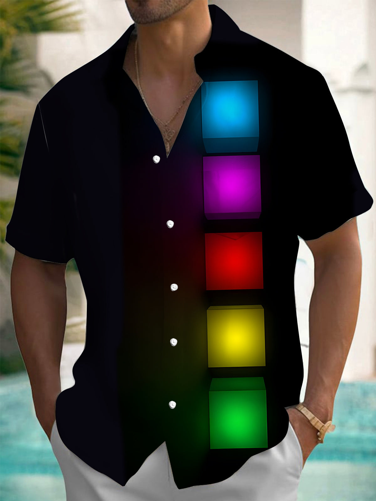 Colorful Geometric Square Print Men's Pocket Short Sleeve Shirts