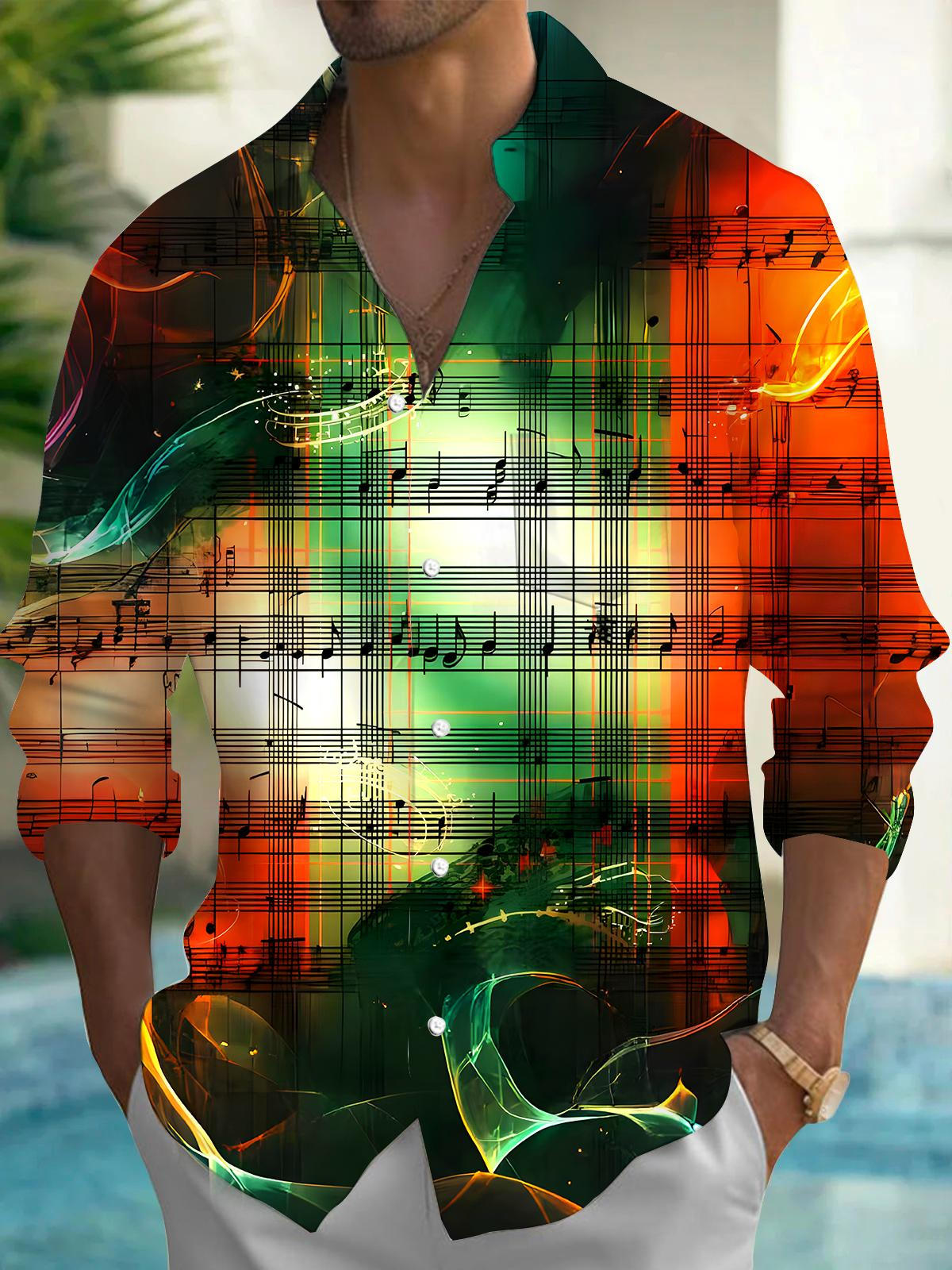 Christmas Check Pattern Musical Note Men's Pocket Long Sleeve Shirts