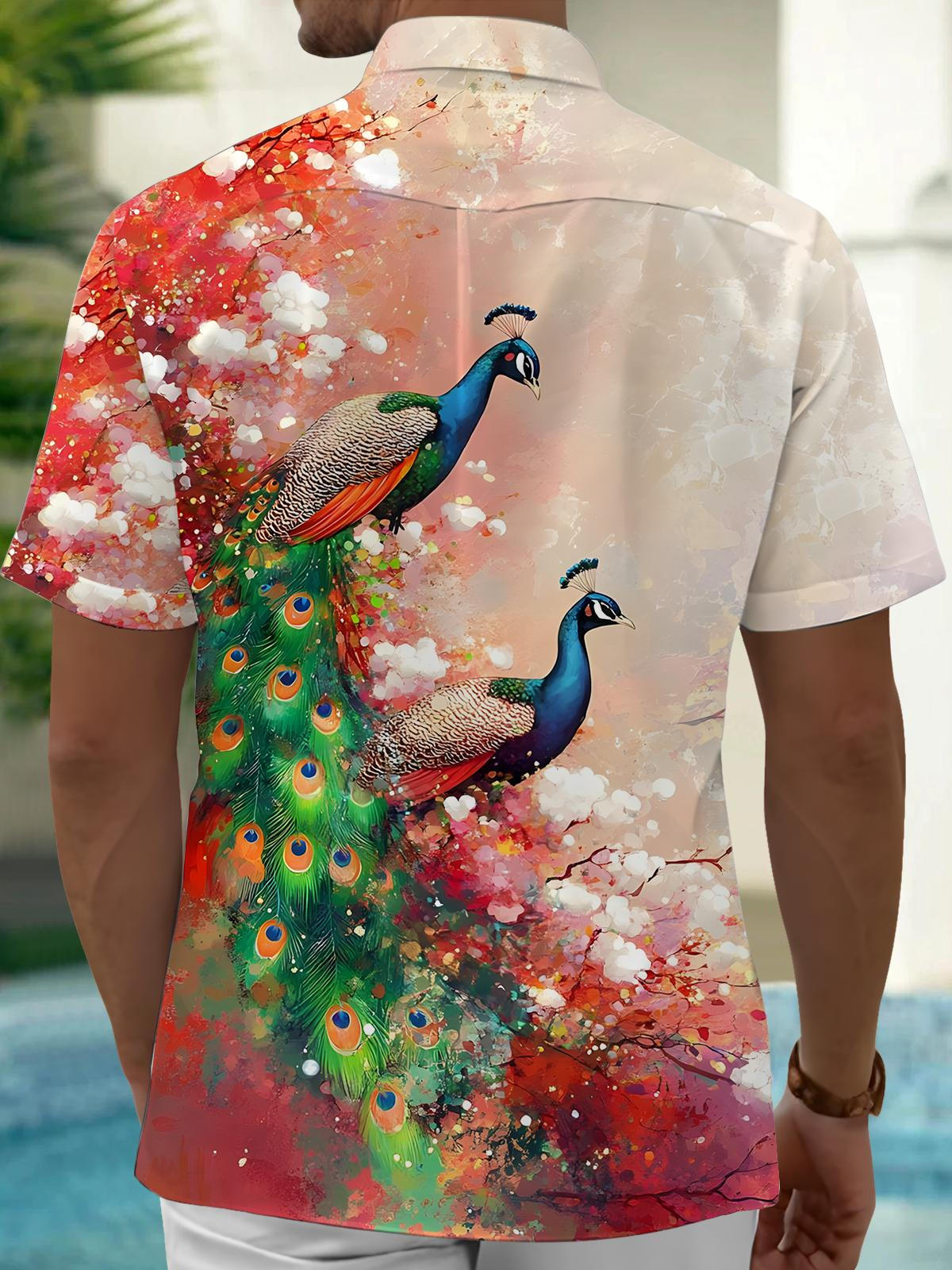 Peacock Floral Print Men's Pocket Short Sleeve Shirts