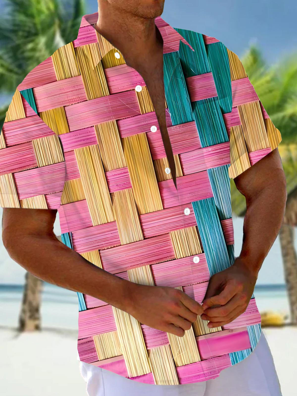 Colorful Bamboo Strip Woven Texture Print Men's Pocket Short Sleeve Shirts