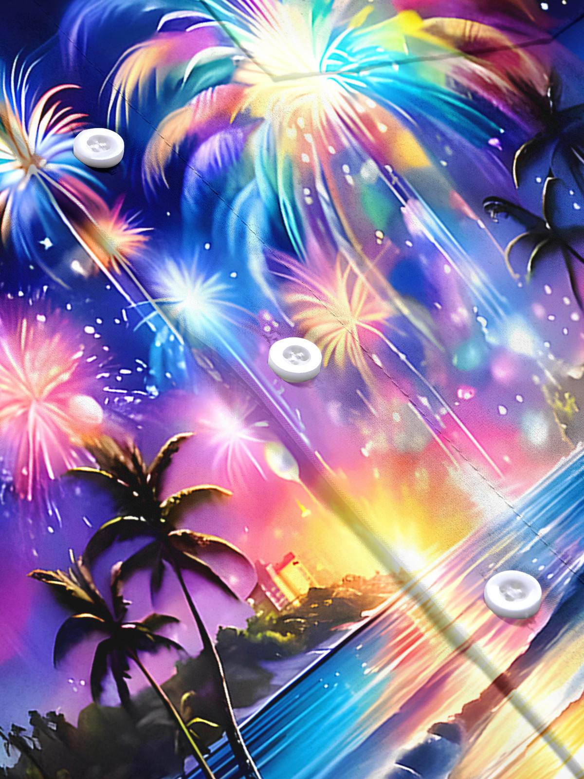 Hawaiian Coconut Tree Fireworks Men's Pocket Short Sleeve Shirts