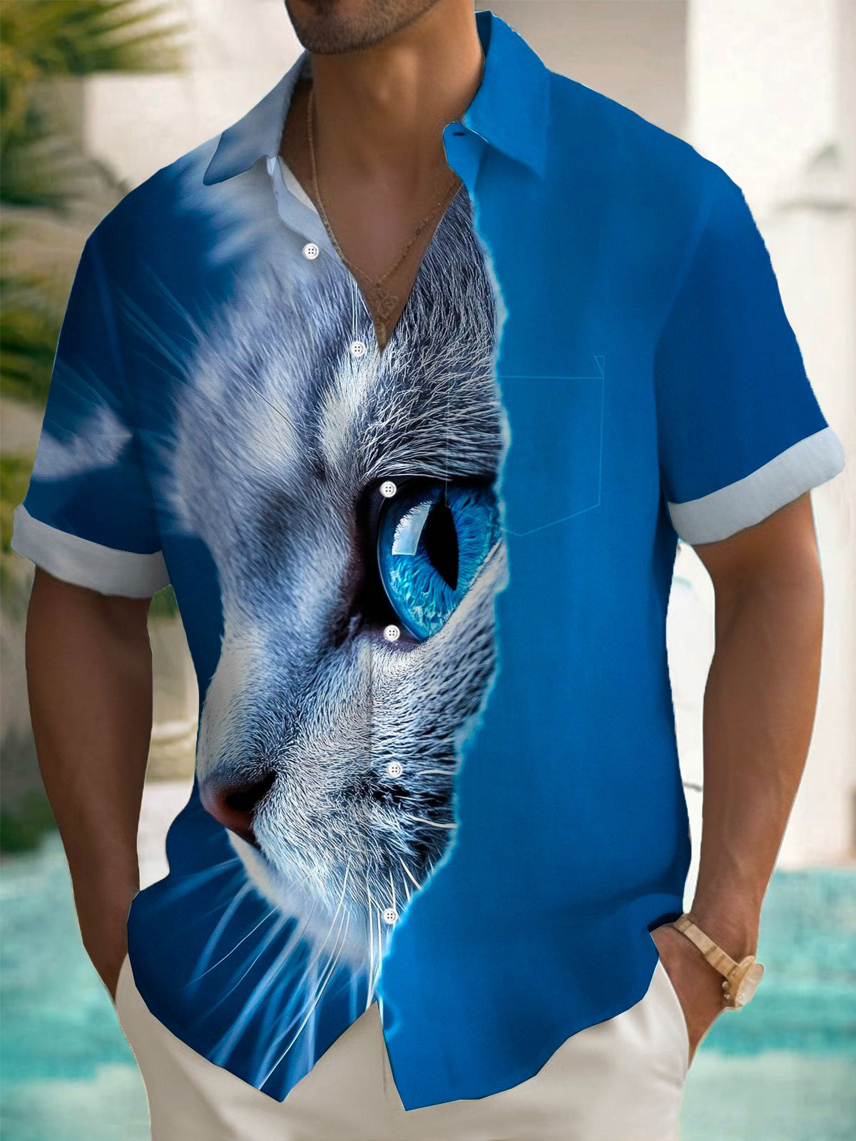 Art Cat Print Men's Pocket Short Sleeve Shirts