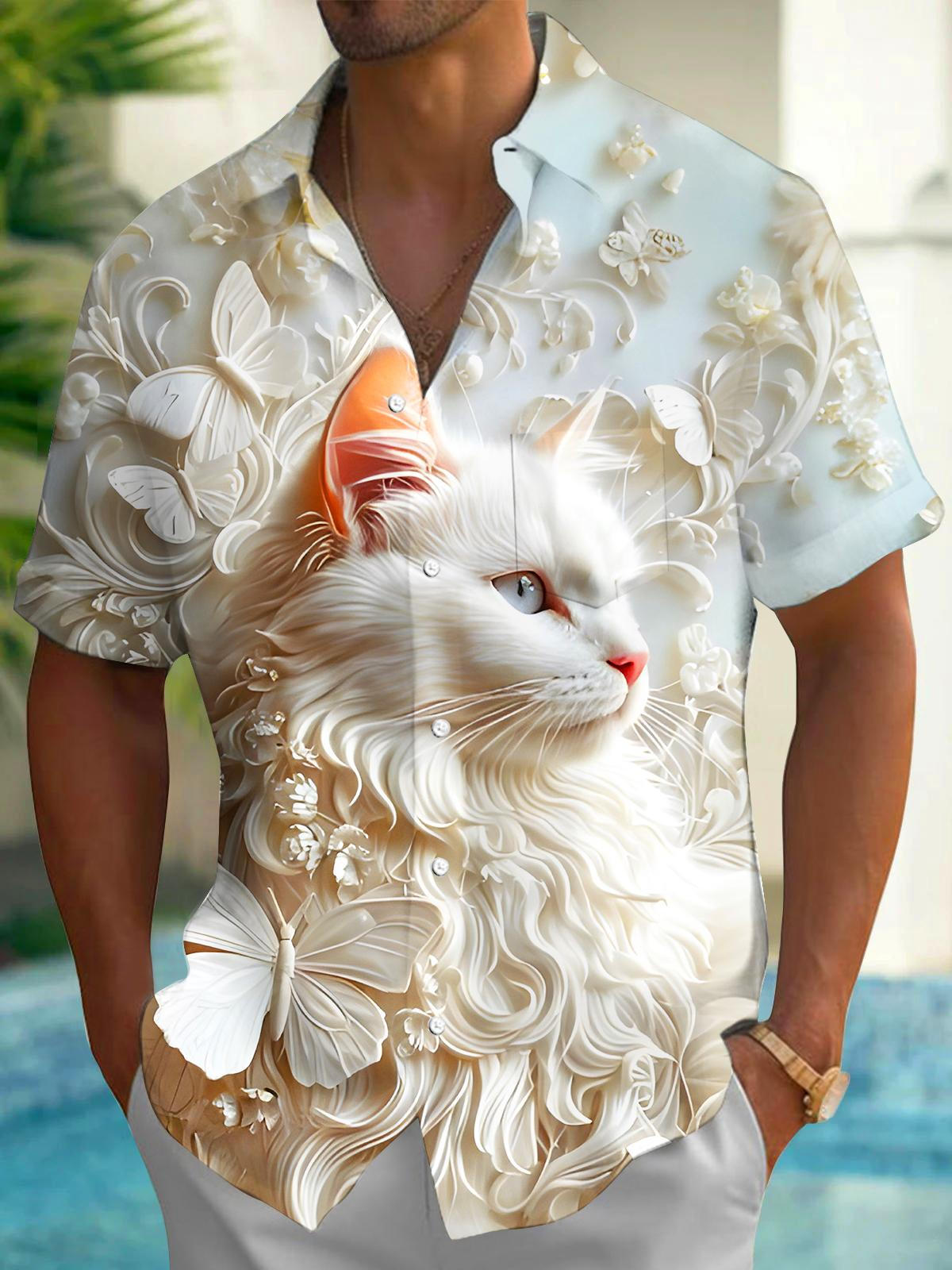Cat Butterfly Floral Relief Men's Pocket Short Sleeve Shirts
