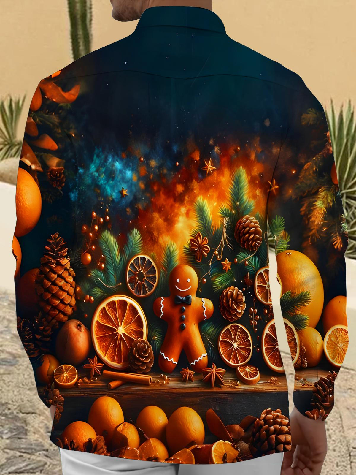 Orange Pine Cone Gingerbread Man Men's Pocket Long Sleeve Shirts