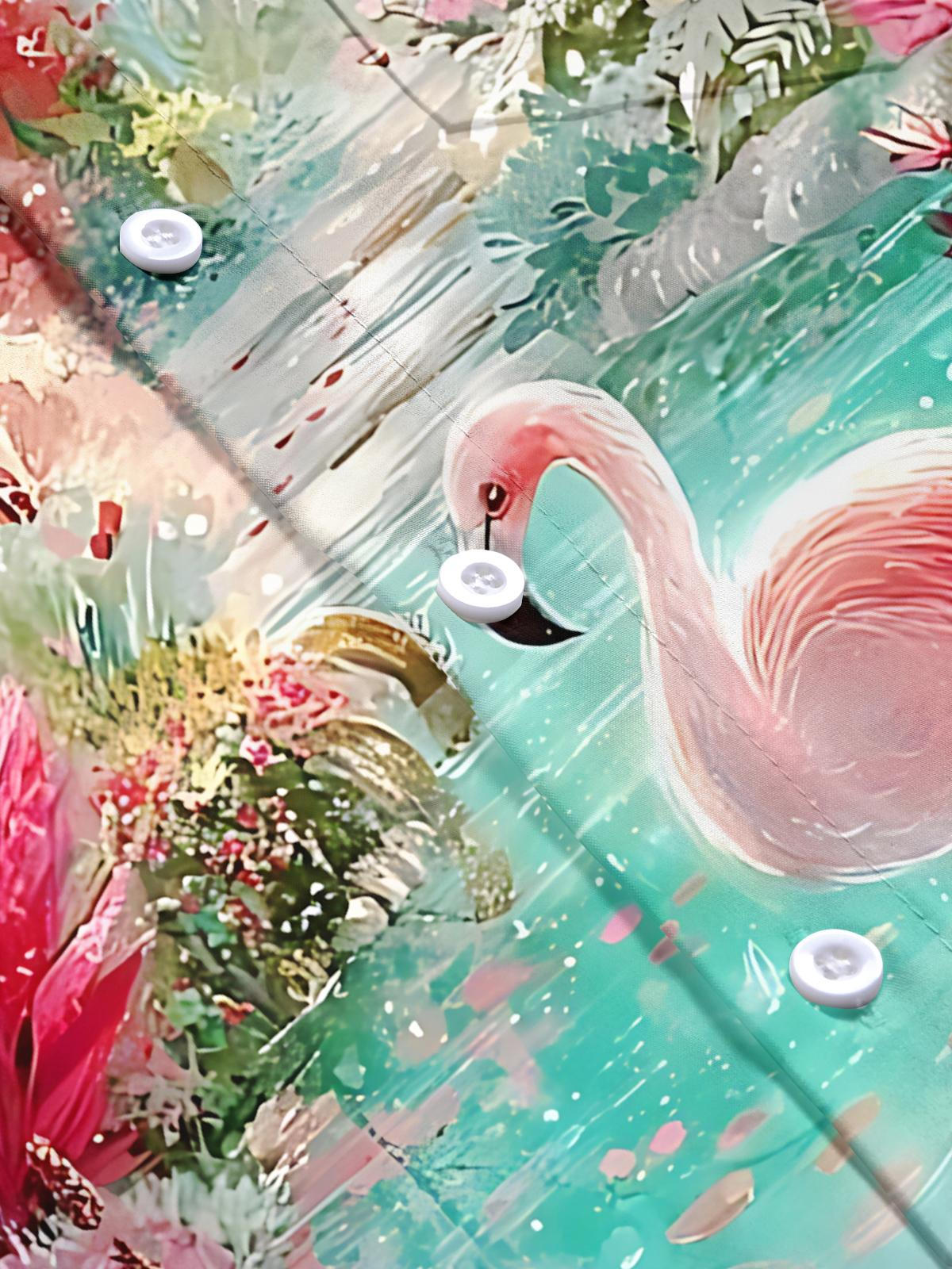 Flamingo Plant Print Men's Pocket Short Sleeve Shirts