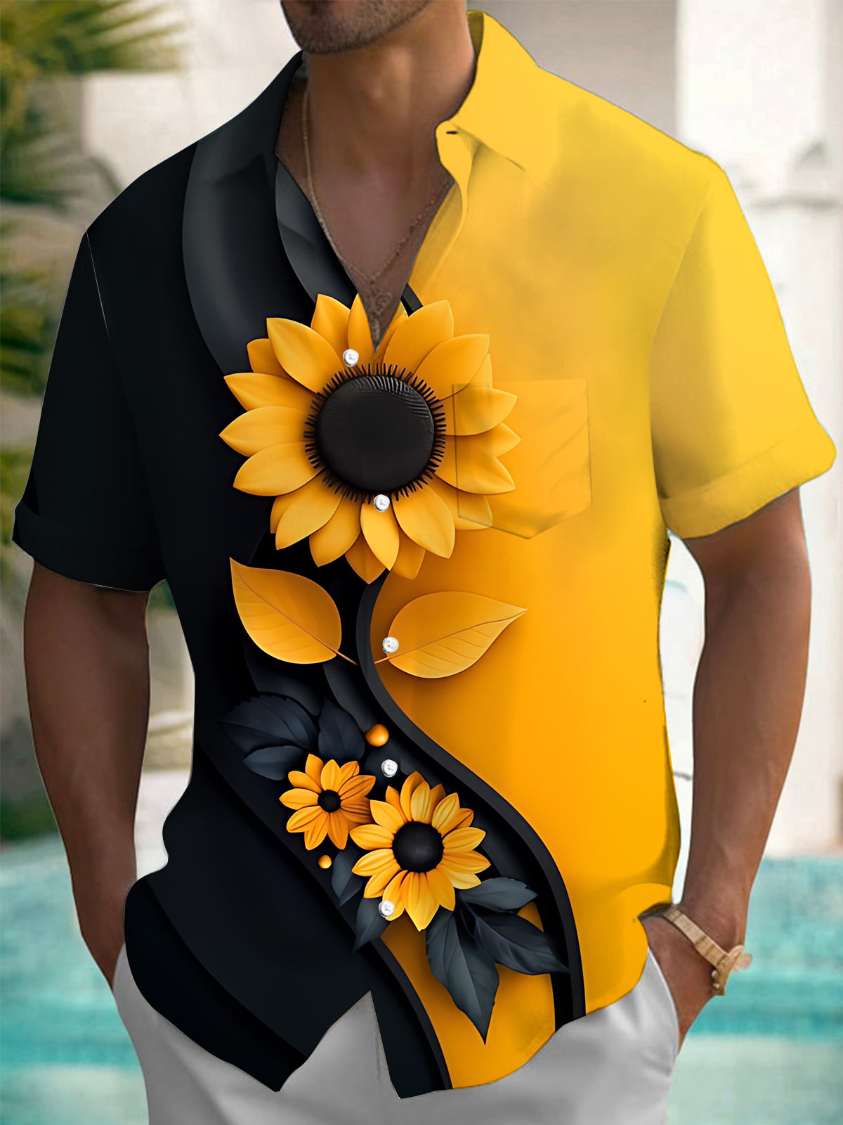 Sunflower Print Men's Pocket Short Sleeve Shirts