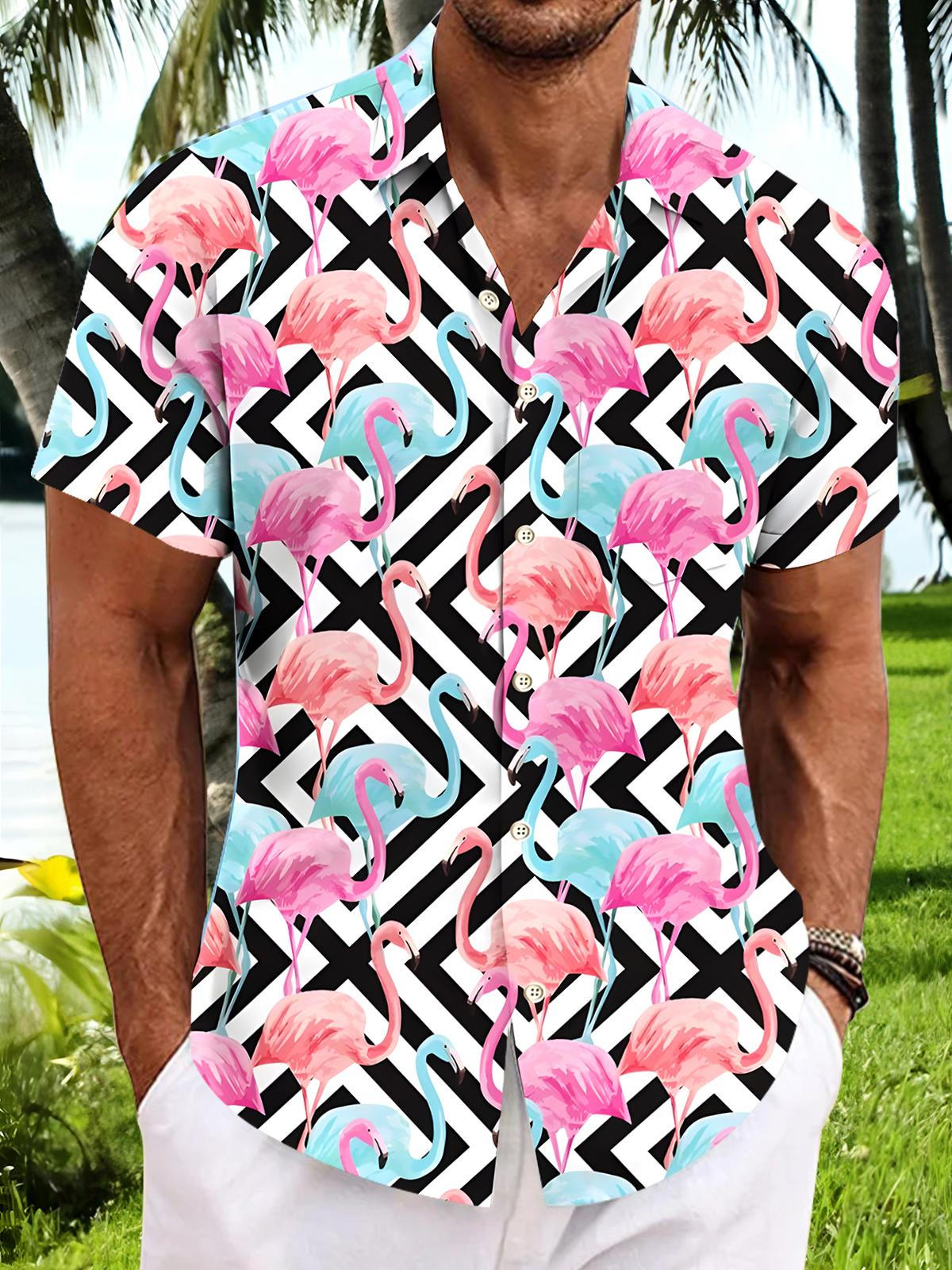 Hawaiian Geometry Flamingo Men's Pocket Short Sleeve Shirts