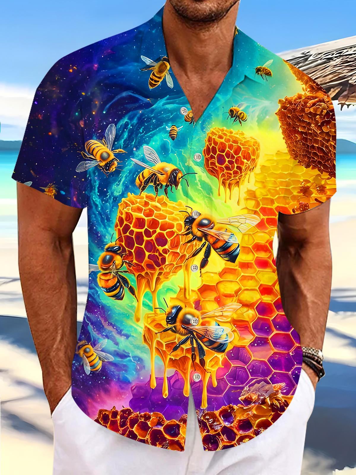 Psychedelic Colorful Bee Men's Pocket Short Sleeve Shirts