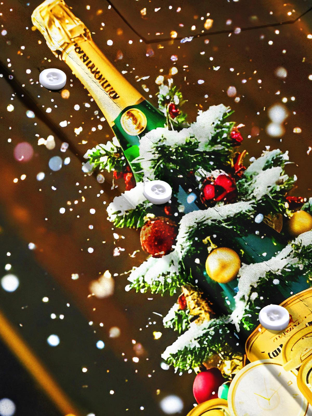 Fun Festive New Year Christmas Tree Decorations Wine Bottle Men's Pocket Short Sleeve Shirts