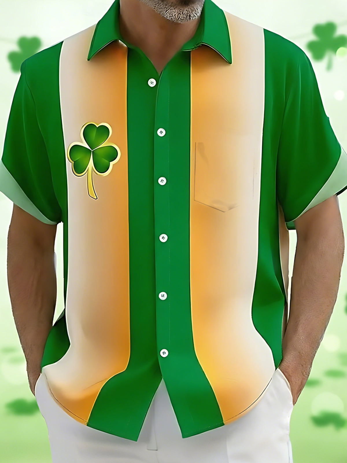 St. Patrick's Day Clover Print Men's Pocket Short Sleeve Shirts