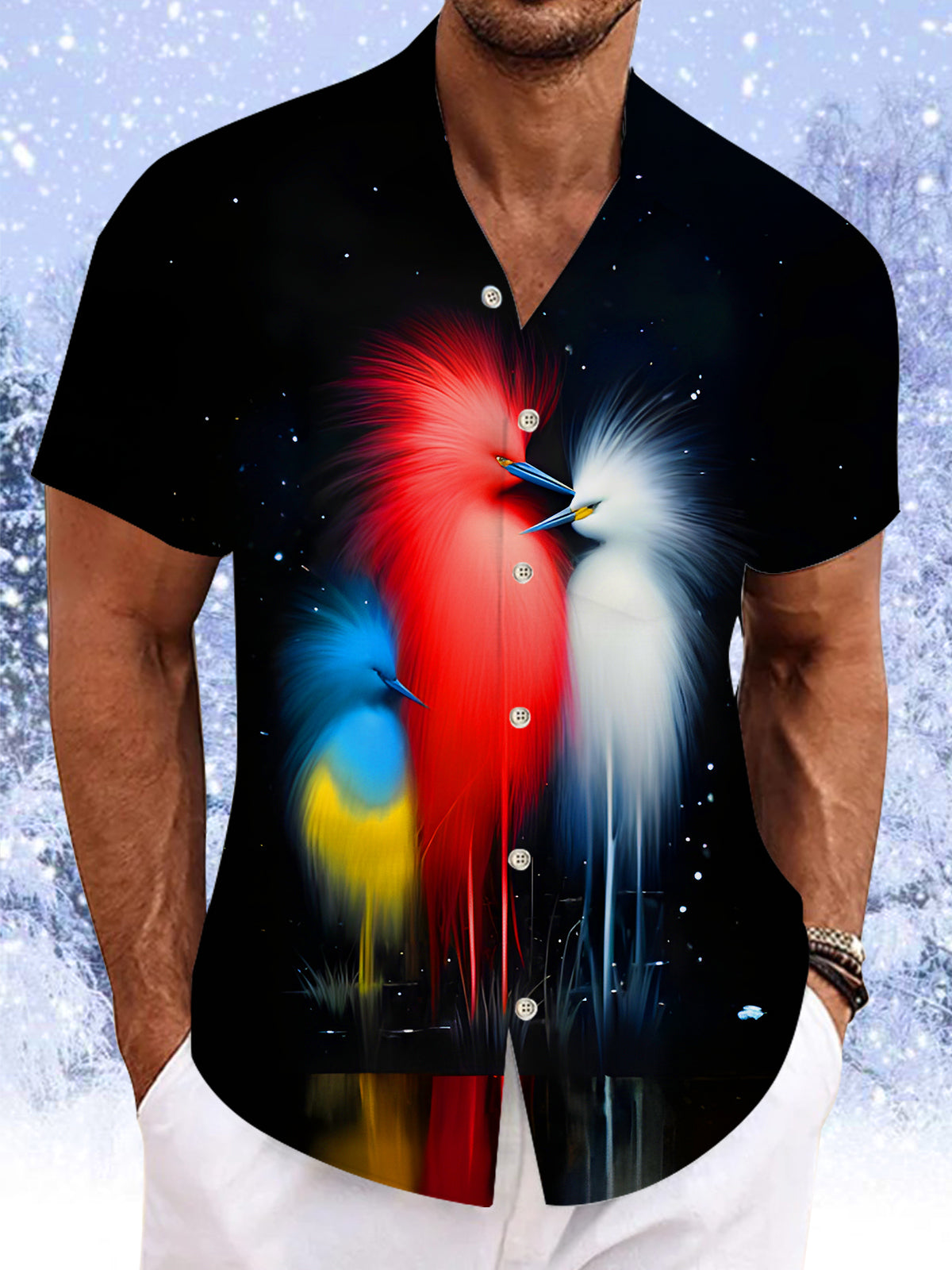 Fun Art Colorful Egret Birds Men's Pocket Short Sleeve Shirts