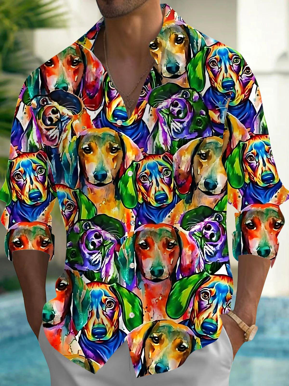 Watercolor Dachshund Print Men's Pocket Long Sleeve Shirts