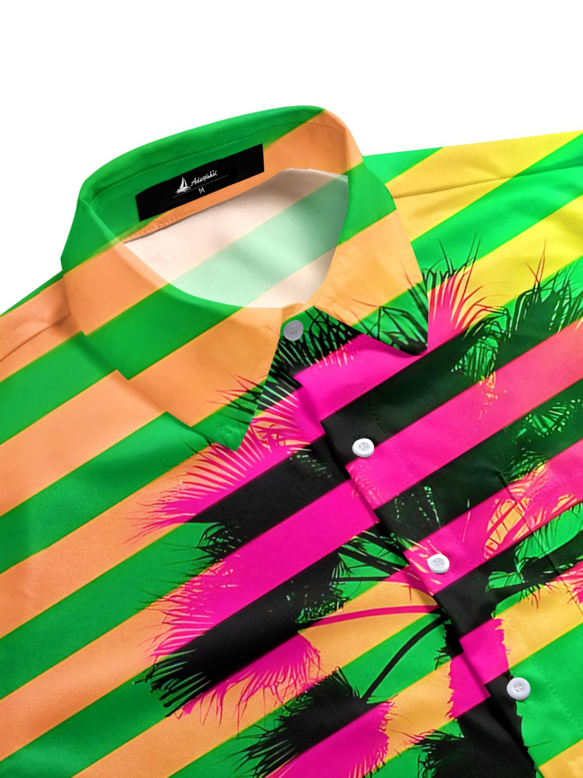 Coconut Tree Stripe Print Men's Pocket Short Sleeve Shirts