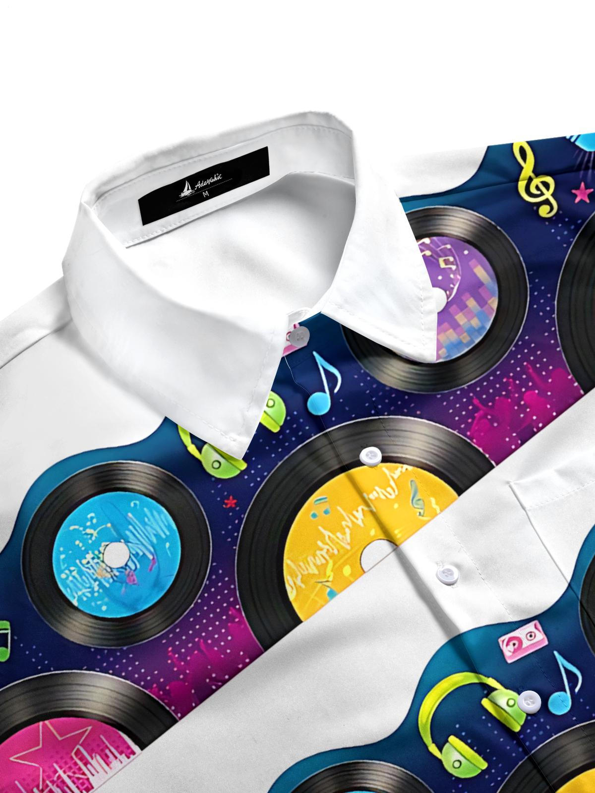 Music Record Guitar Headphones Print Men's Pocket Long Sleeve Shirts