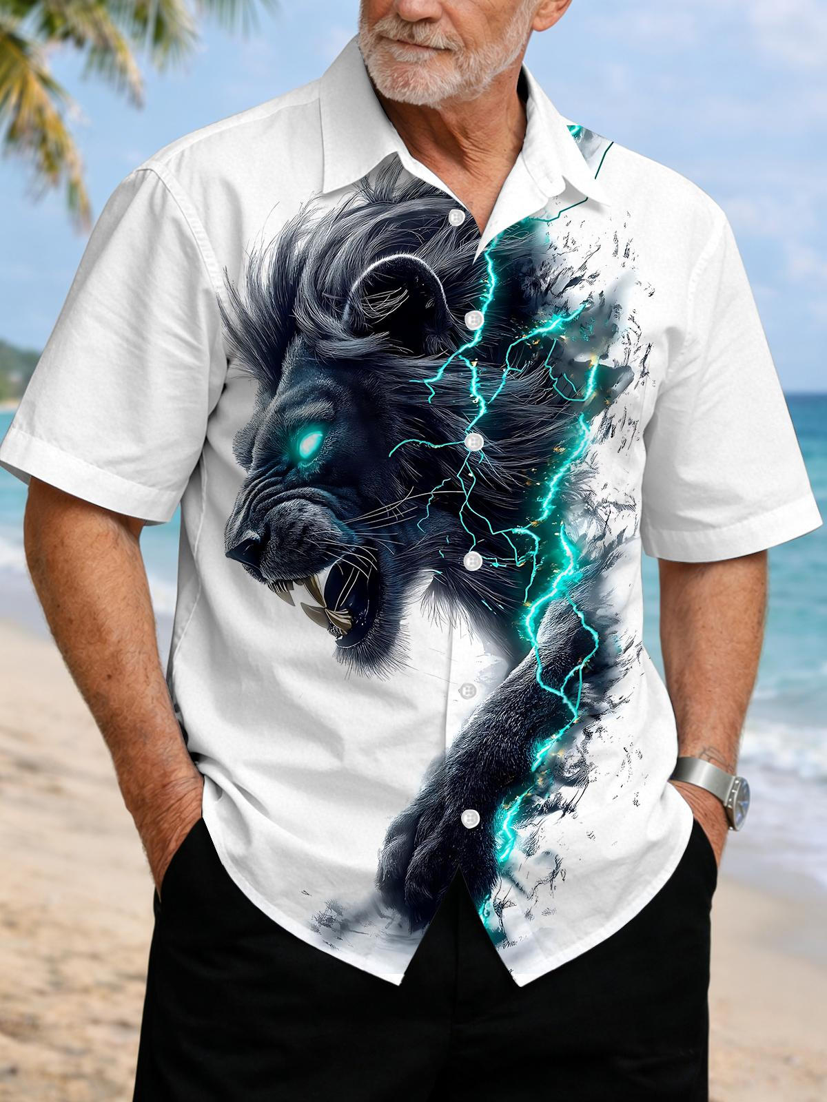 Lion Print Men's Pocket Short Sleeve Shirts