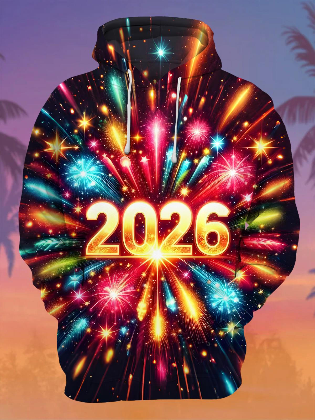 2026 New Year Fireworks Men's Long Sleeve Printing Pocket Hooded Sweatshirt