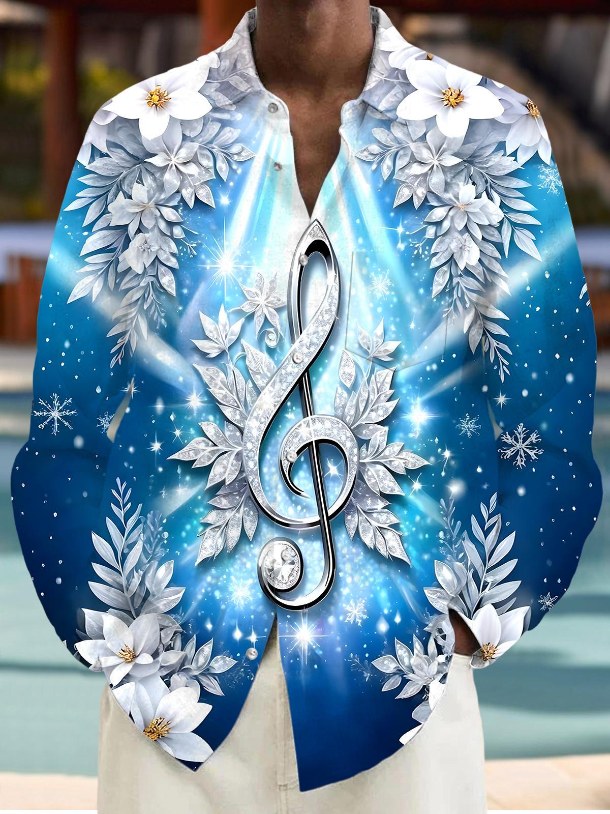 Musical Note Snowflake Floral Men's Pocket Long Sleeve Shirts