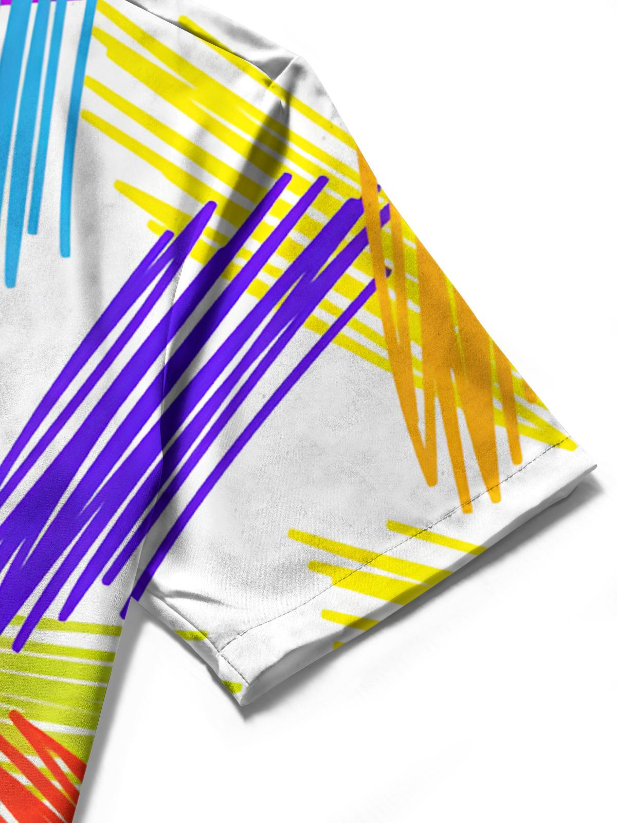 Colorful Geometric Line Print Men's Pocket Short Sleeve Shirts