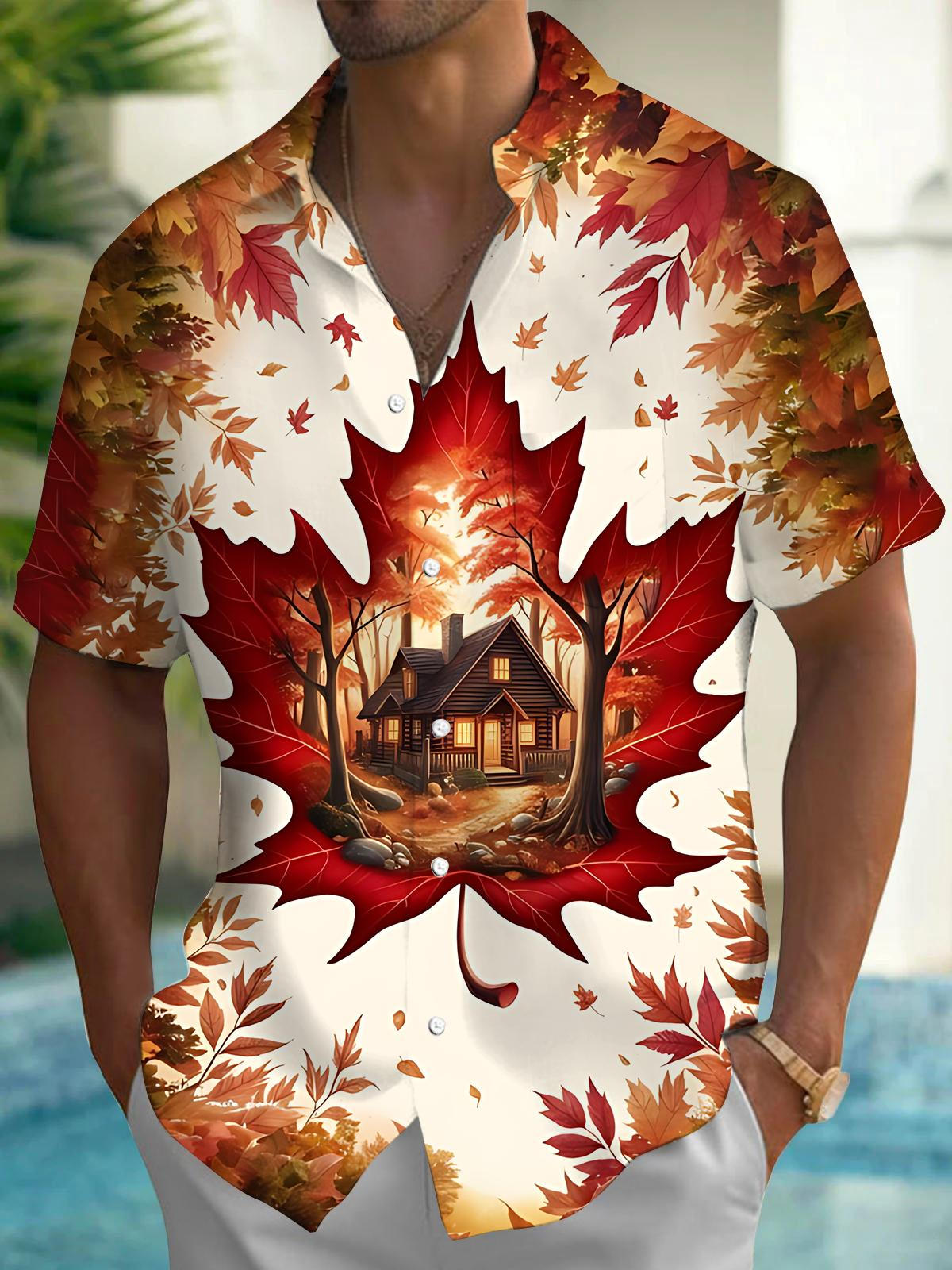 Maple Leaf House Print Men's Pocket Short Sleeve Shirts
