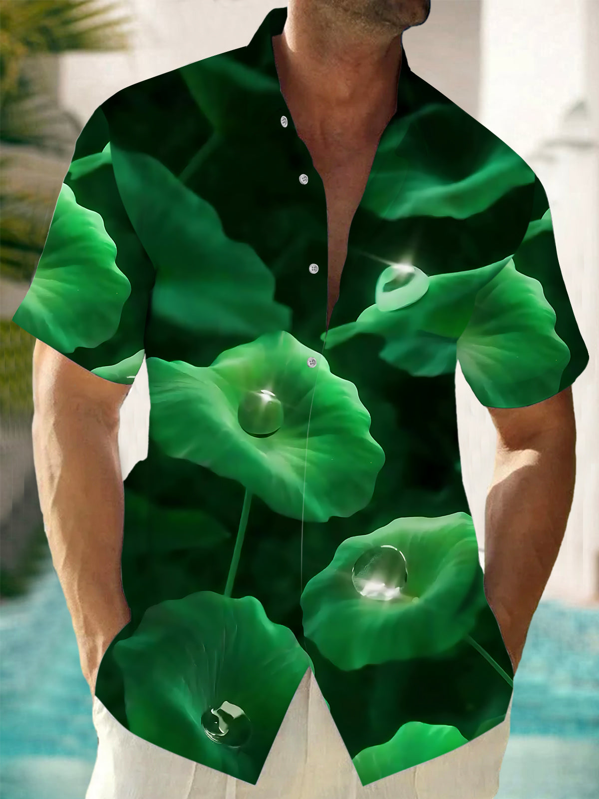 Lotus Leaf Print Men's Pocket Short Sleeve Shirts