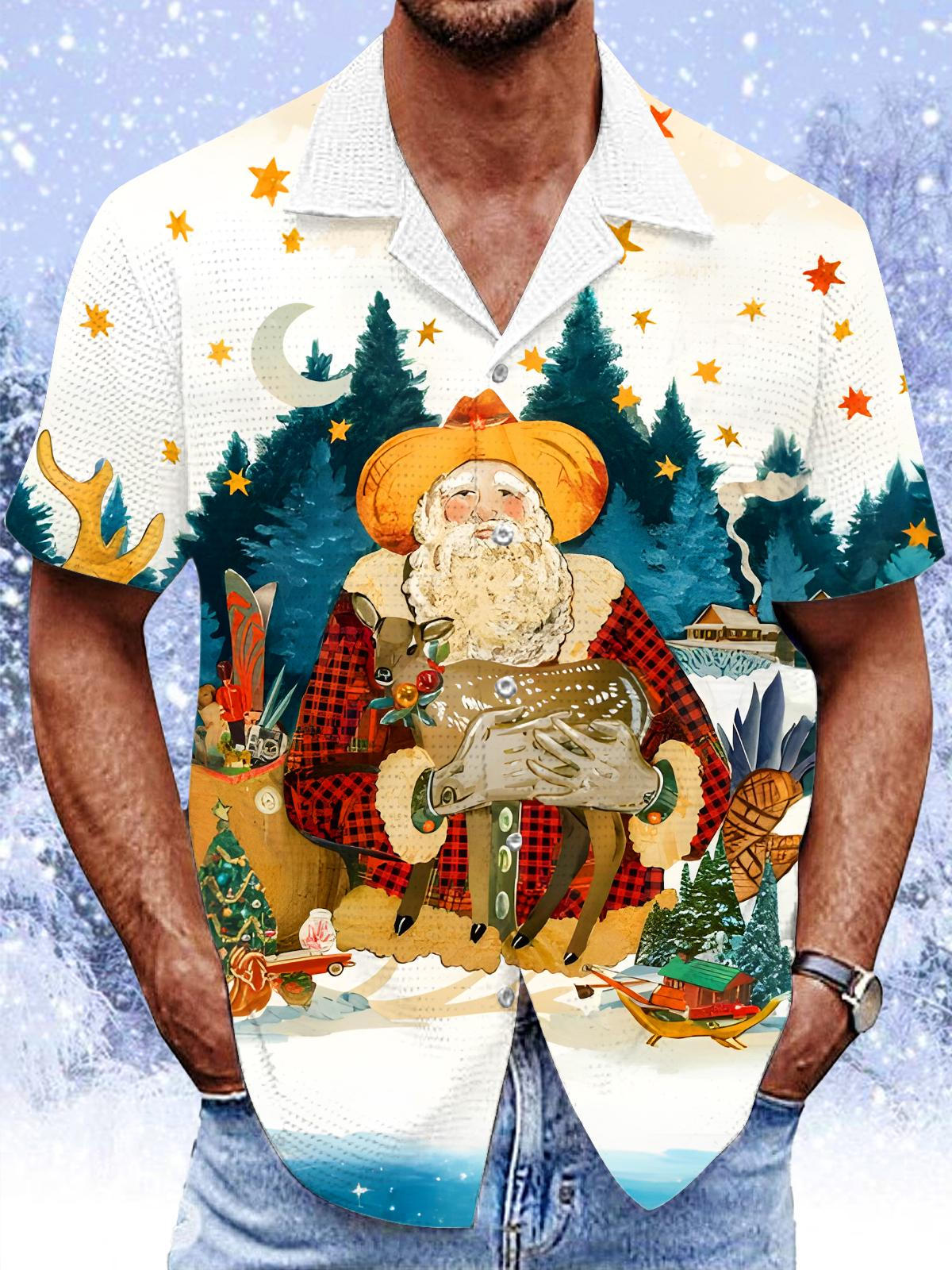 Funny Santa Claus Reindeer Stars Moon Xmas Men's Pocket Short Sleeve Cuban Collar Shirts