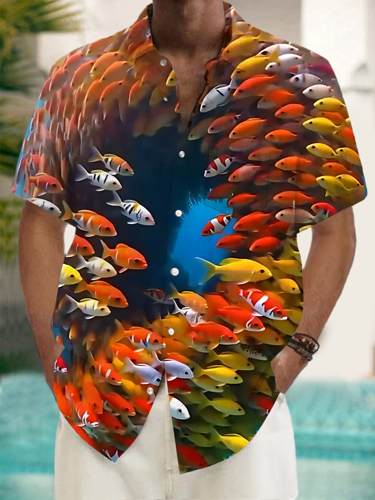 Fish School Print Men's Pocket Short Sleeve Shirts