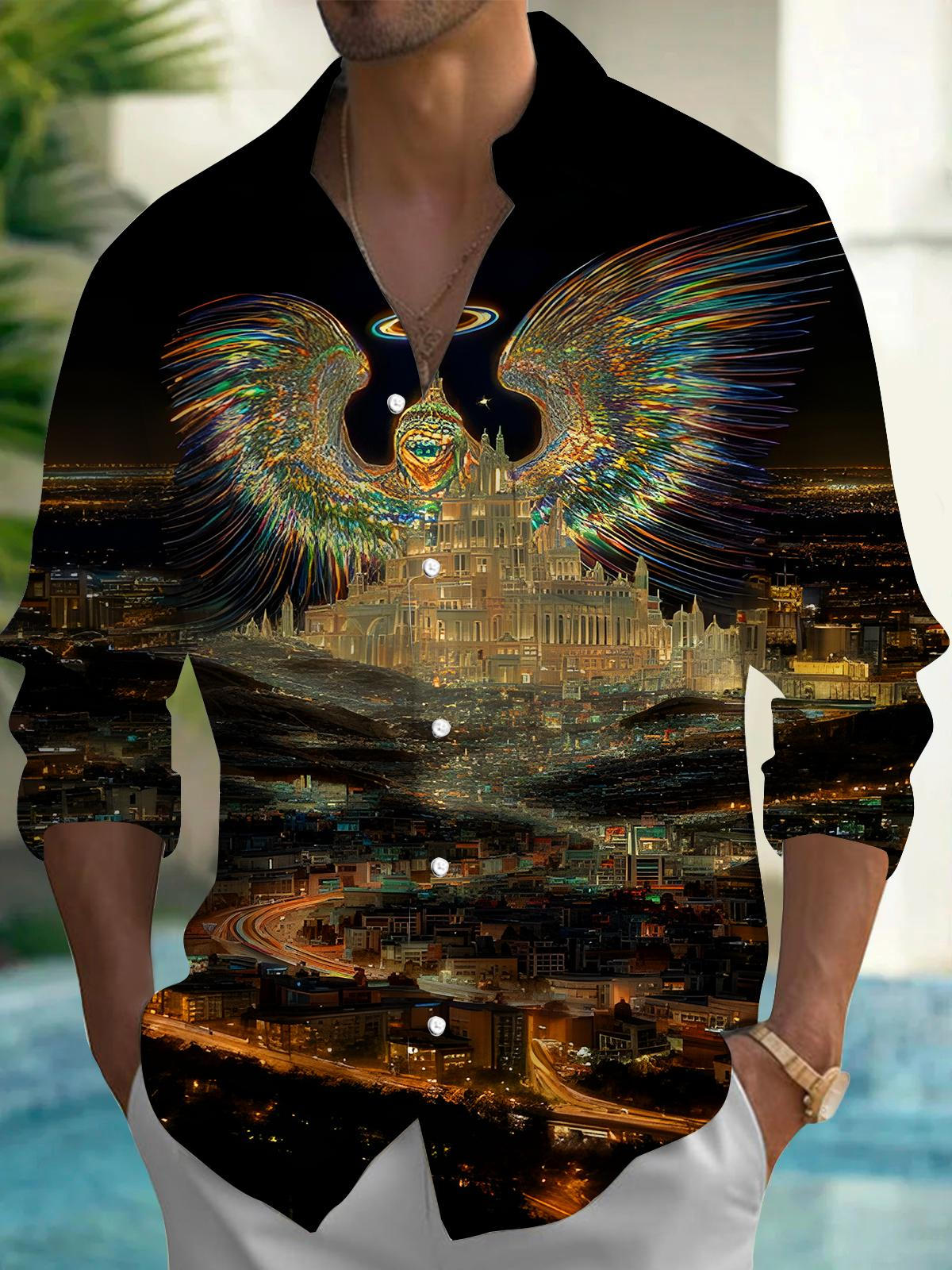 Angel Wings City Architecture Night View Men's Pocket Long Sleeve Shirts