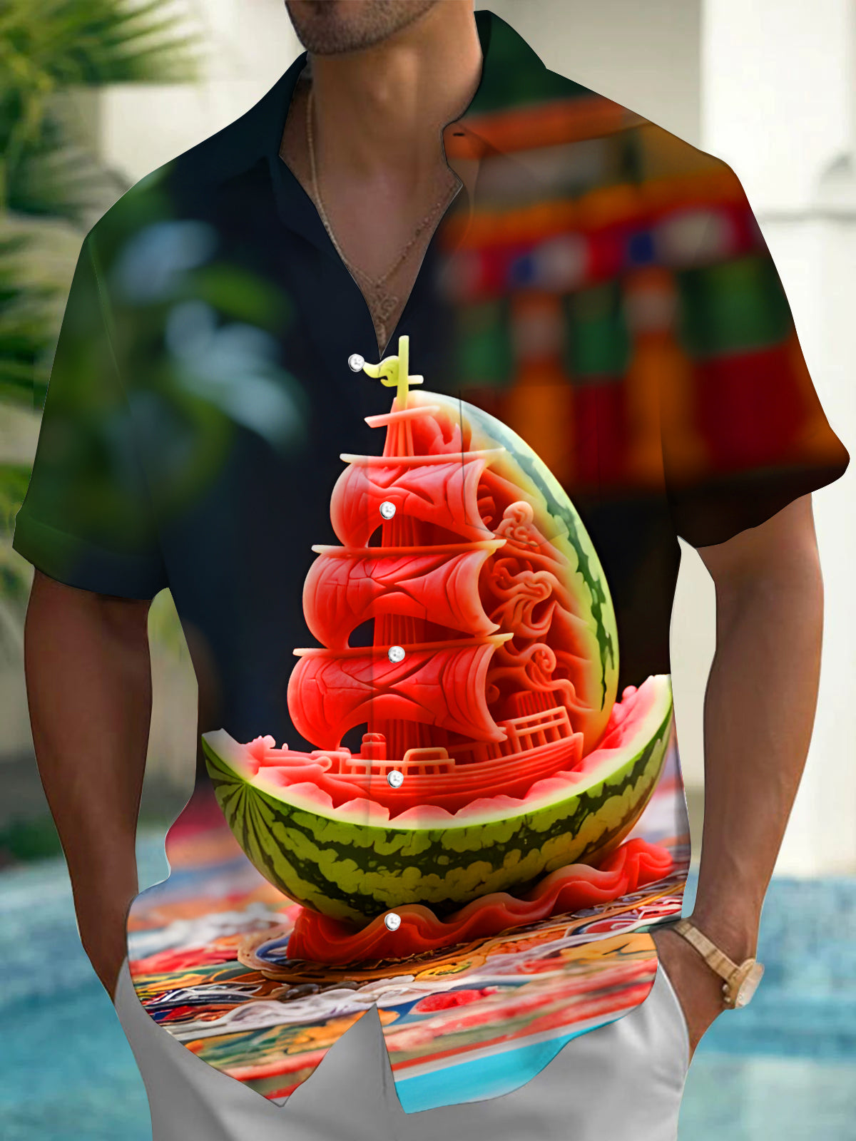 Funny Watermelon Fruit Carving Boat Men's Pocket Short Sleeve Shirts