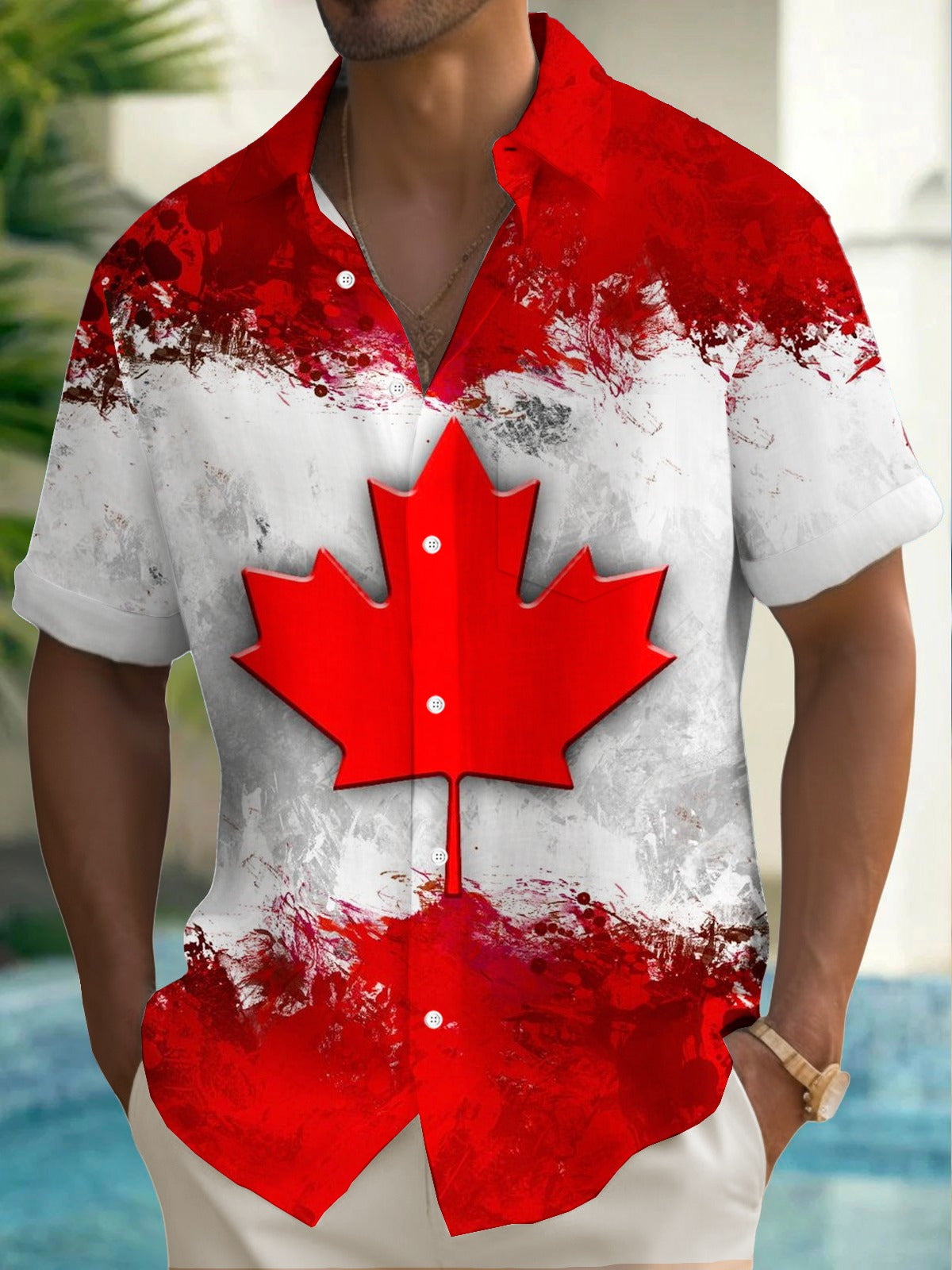 Maple Leaf Print Men's Pocket Short Sleeve Shirts