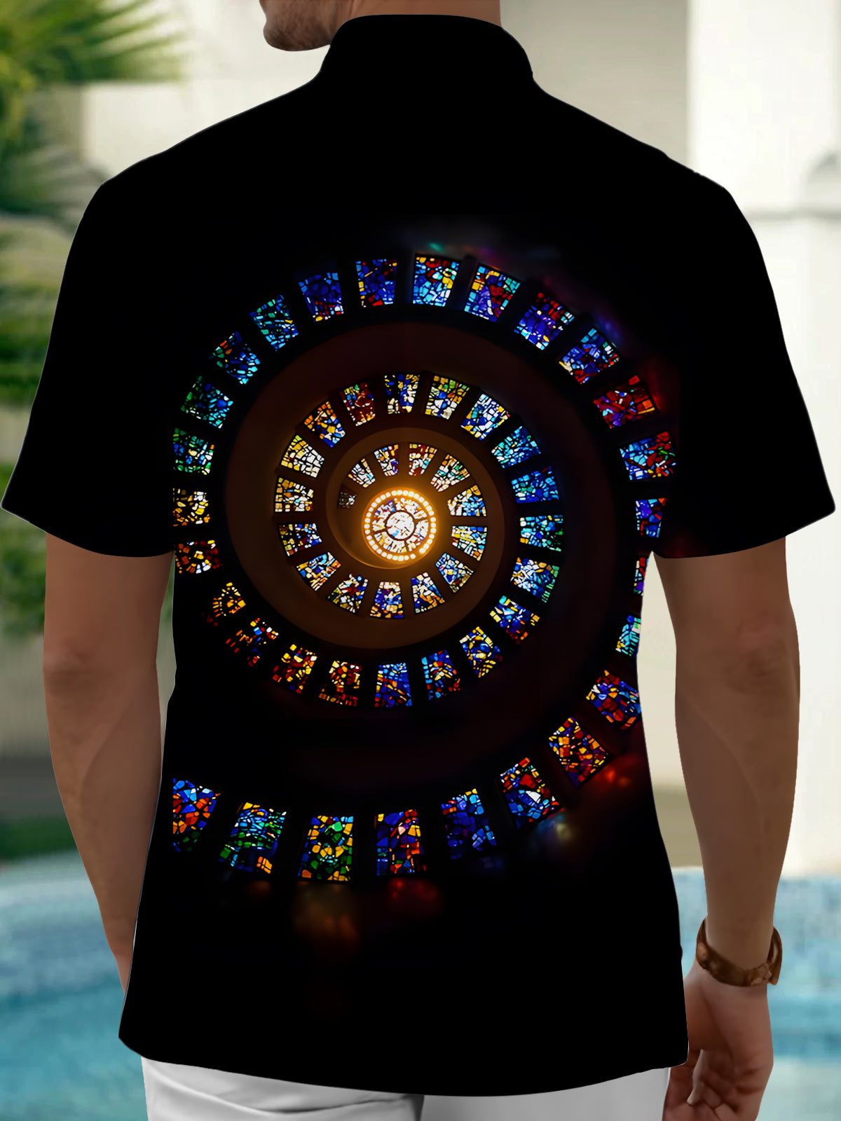 Church Stained Glass Window Print Men's Pocket Short Sleeve Shirts