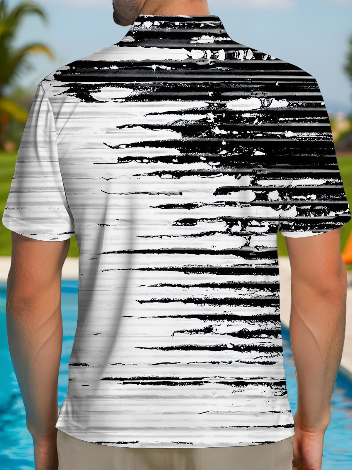 Black White Gradient Striped Print Men's Short Sleeve Button Polo Shirt